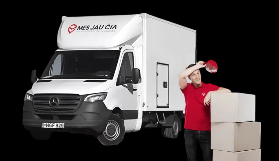 MJC perkraustymo iliustracija Krovikas su dėžėmis šalia balto MJC krovininio automobilio.