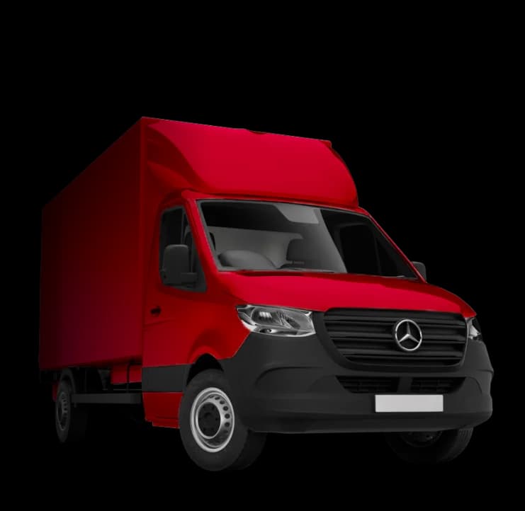 Raudonas krovininis automobilis Raudonas Mercedes krovininis automobilis su uždaru kėbulu.