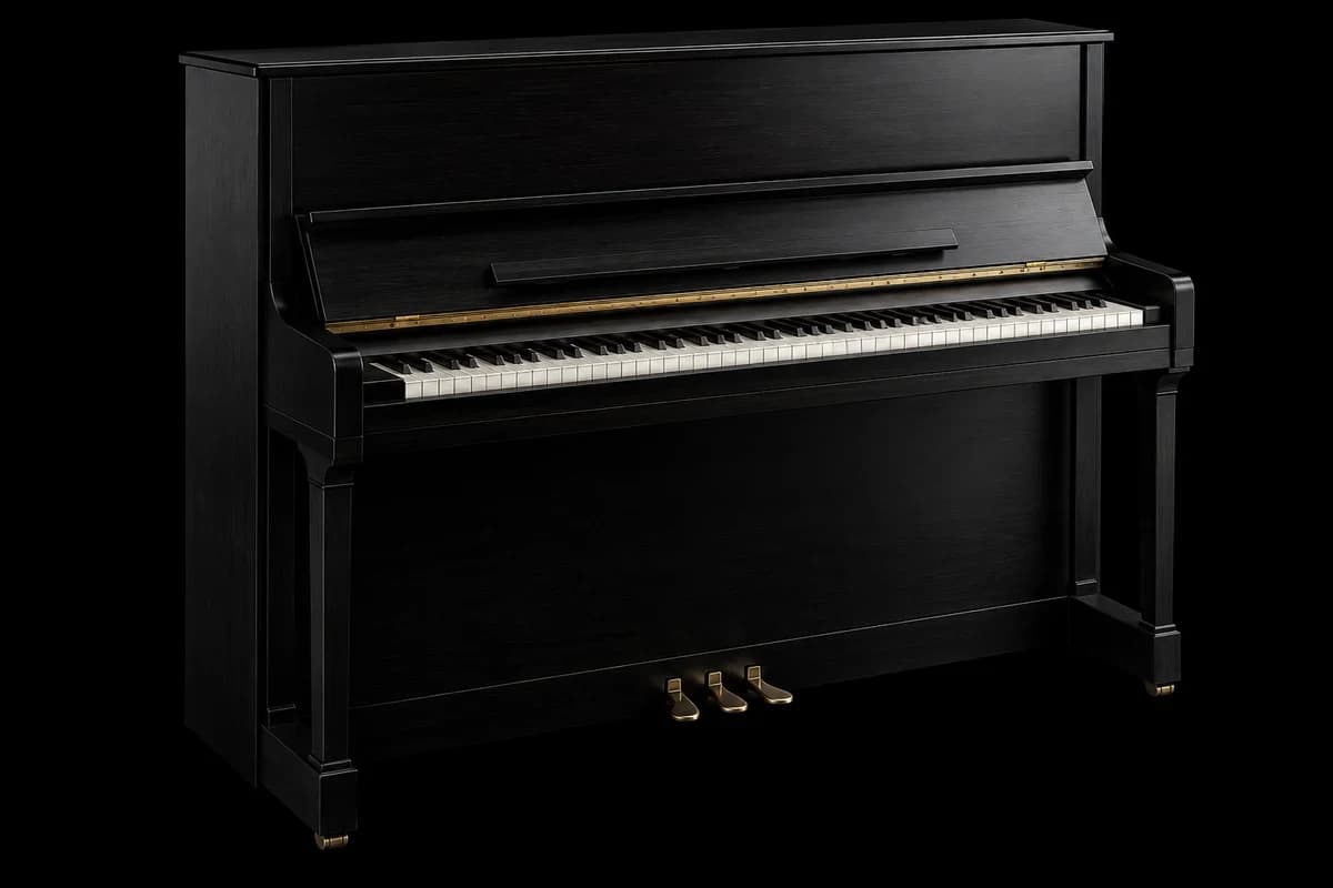 Pianinas Juodas stačiasis pianinas su matoma klaviatūra ir pedalais.