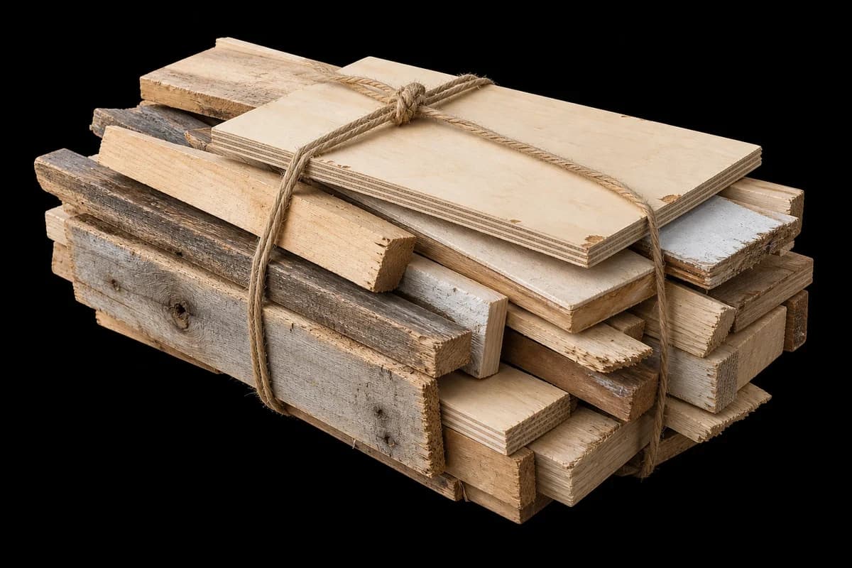 Wood waste Neatly bundled used boards and wooden panel offcuts.
