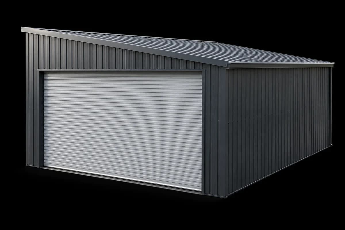 Garage Freestanding metal garage with a closed roller door.