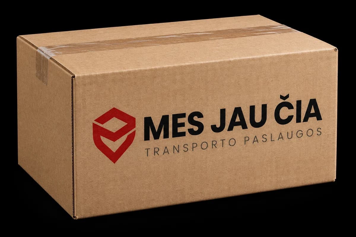 MJC perkraustymo dėžė Užklijuota kartoninė dėžė su ant kartono atspausdintu „Mes Jau Čia“ ženklu.