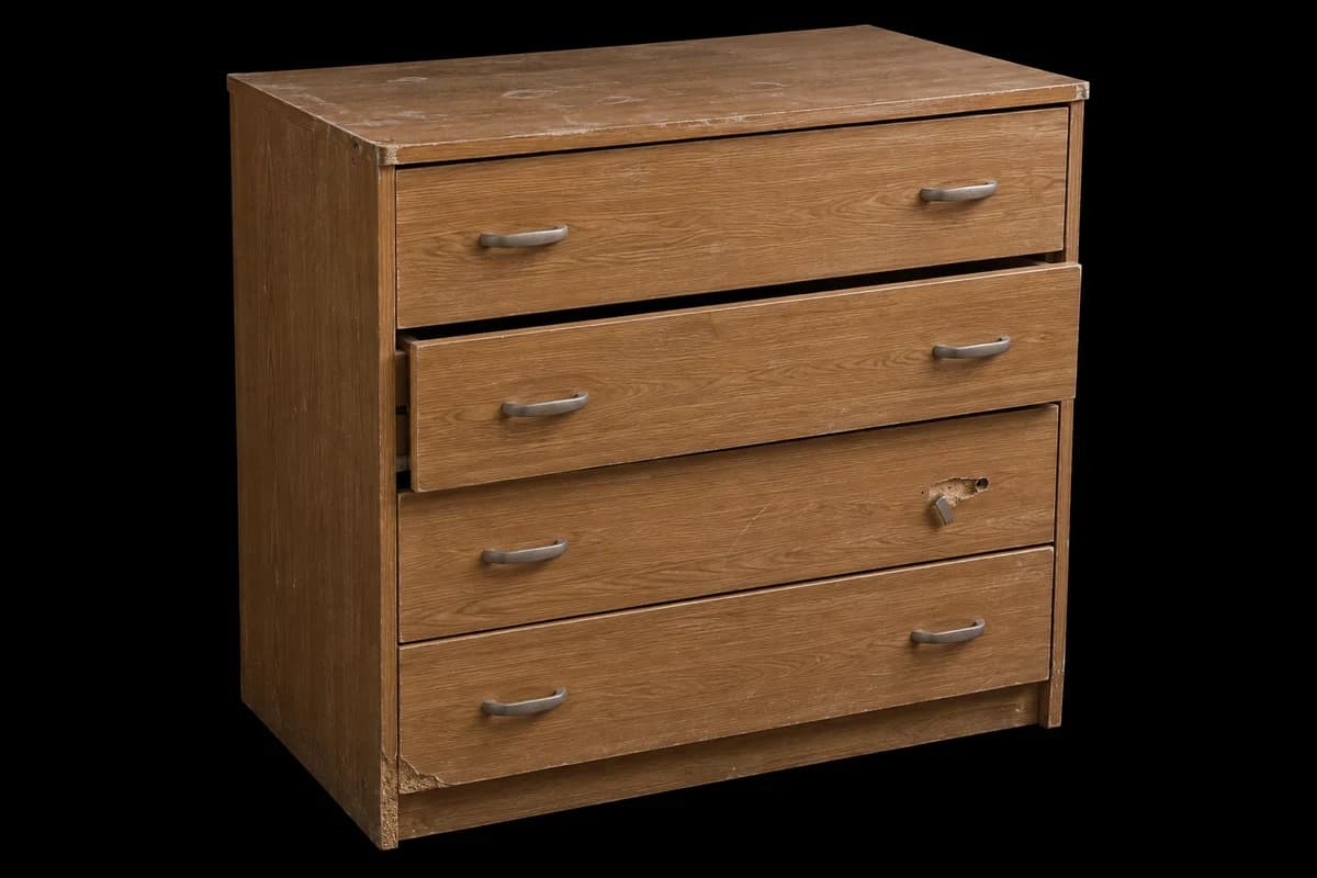 Old chest of drawers Scratched four-drawer chest with a broken handle and a crooked drawer.