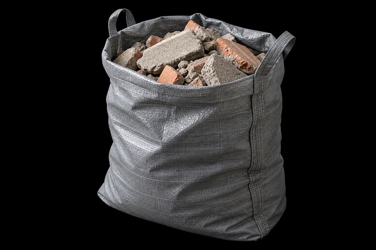 Rubble bag Open bag containing concrete and brick rubble.