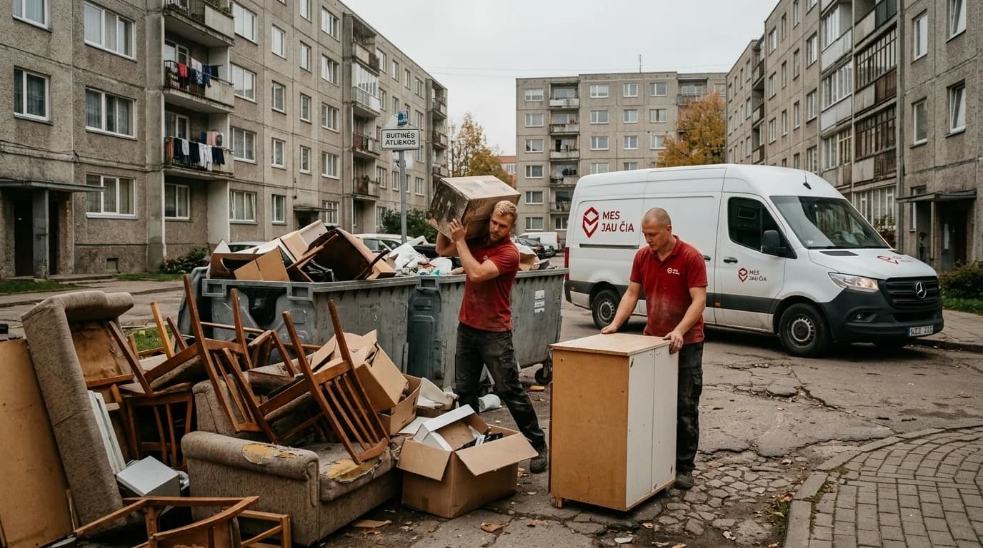 Nereikalingų baldų surinkimas Darbuotojai rūšiuoja ir renka senus baldus bei daiktus kieme.