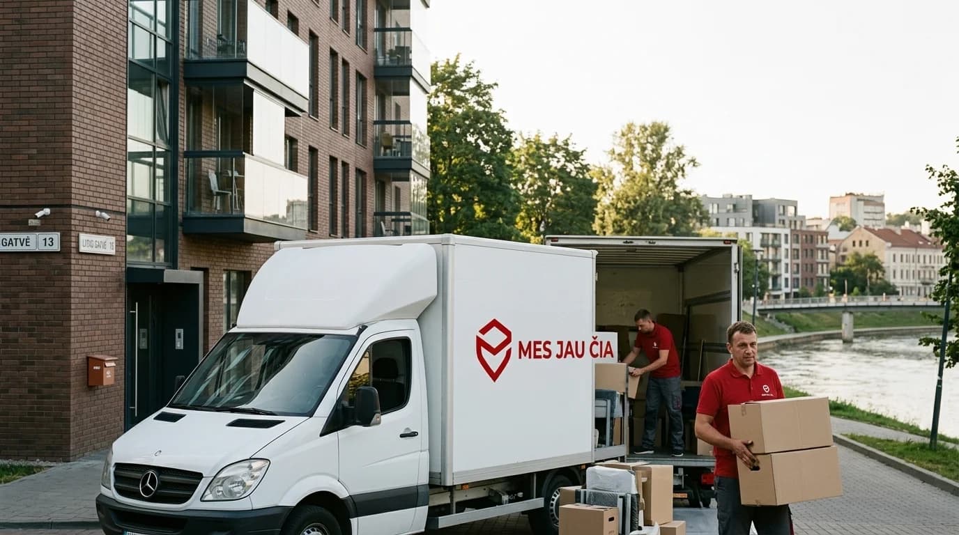 Moving in a residential neighborhood Moving crew beside a van and apartment buildings with greenery.