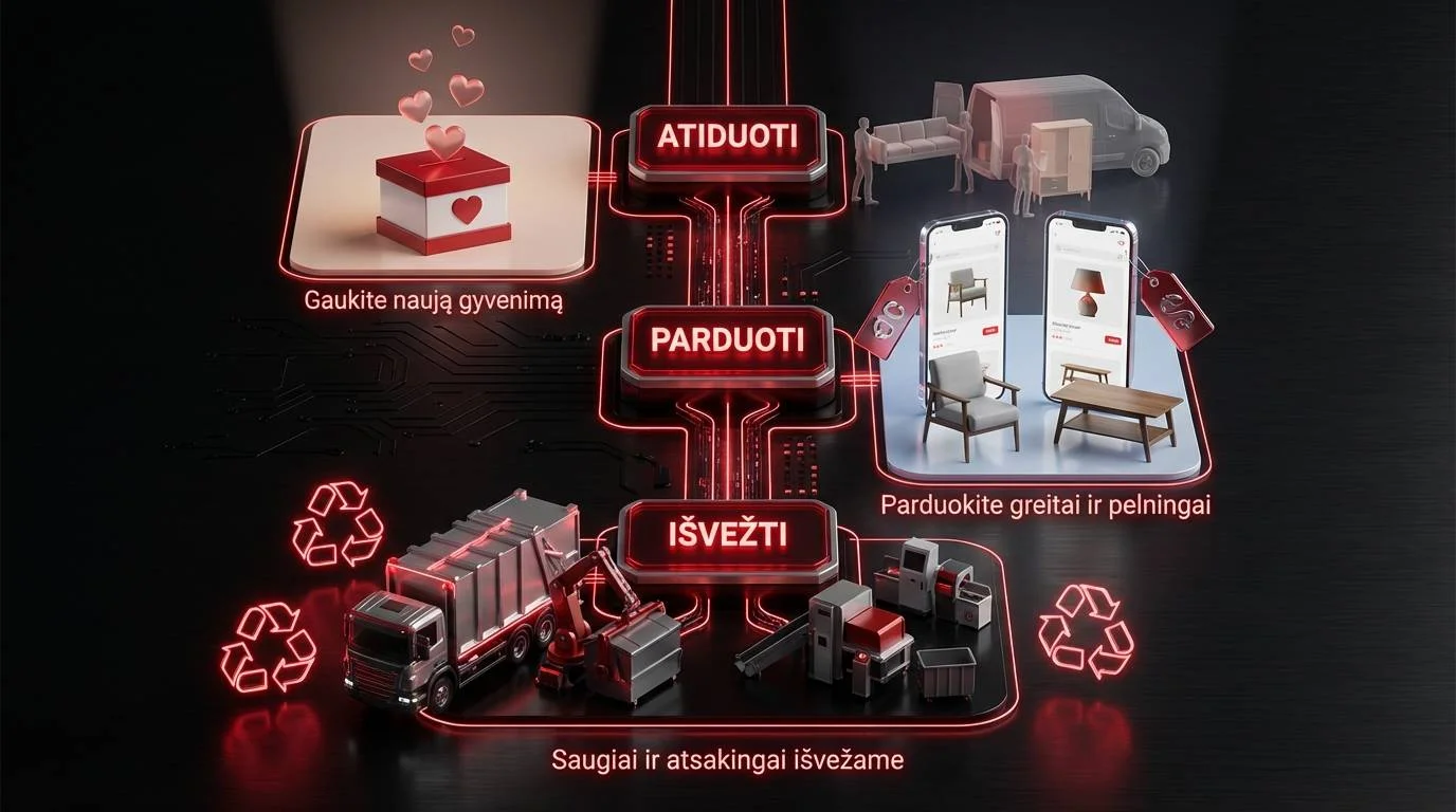 Diagram showing three choices: give away, sell or remove belongings.