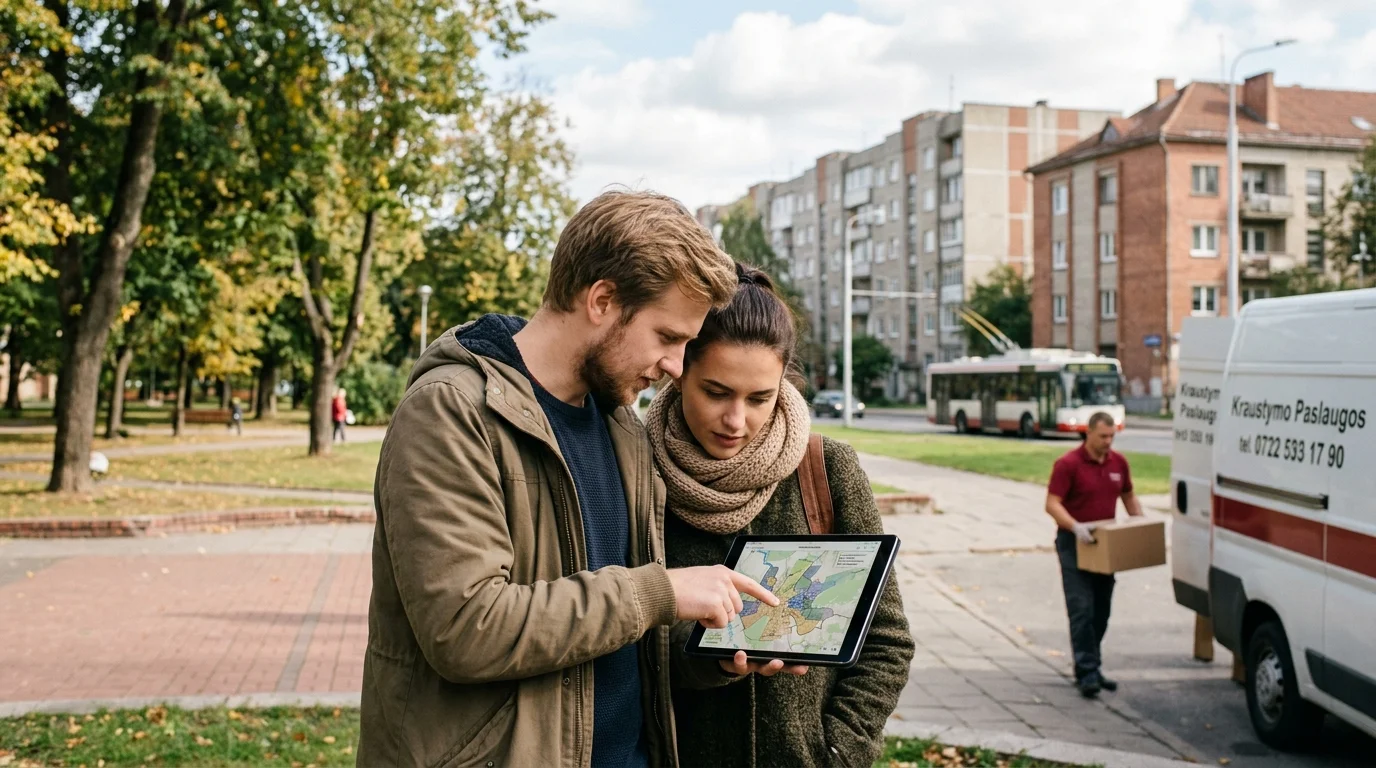 Couple outdoors looking at a map on a tablet.